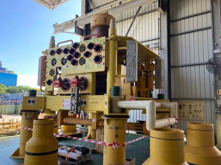 Subsea Christmas tree, unused, crated in warehouse storage for offshore oil and gas projects